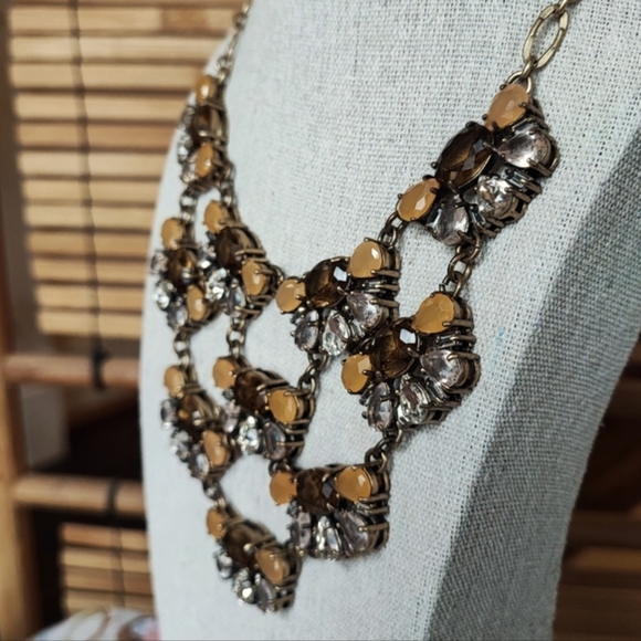 J. Crew Statement Necklace Topaz Honey Clear Stones Oxidized Brass 10 Medallions - Picture 3 of 14